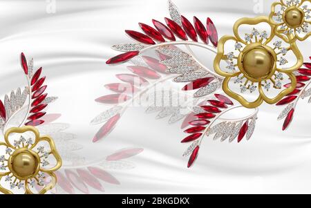 3d Wandbild Blumen Hintergrund mit Hirsch und Kreis Tapete für Wände. Mit goldenen Baumblumen und Schmuck Hintergrund. Stockfoto