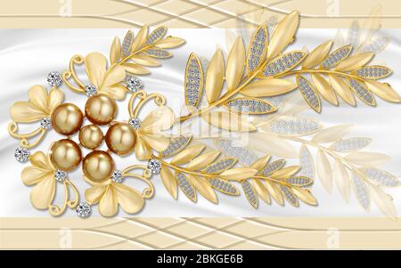 3d Wandbild Blumen Hintergrund mit Hirsch und Kreis Tapete für Wände. Mit goldenen Baumblumen und Schmuck Hintergrund. Stockfoto