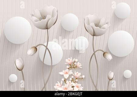 3d Wandbild Blumen Hintergrund mit Hirsch und Kreis Tapete für Wände. Mit goldenen Baumblumen und Schmuck Hintergrund. Stockfoto