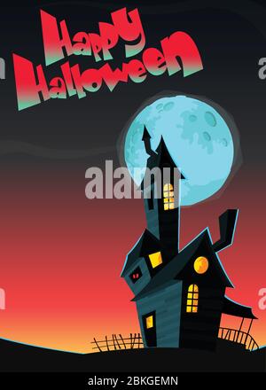 Unheimlich altes Spukhaus mit Geistern. Halloween Cartoon Hintergrund Illustration. Poster oder Einladungsplakat Design für Halloween-Party Stock Vektor