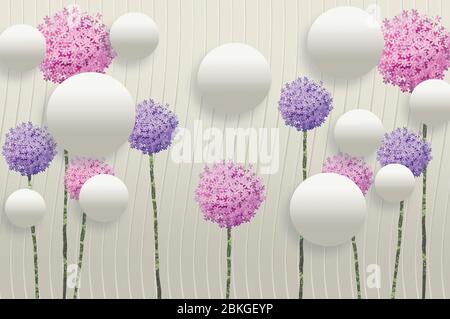 3d Wandbild Blumen Hintergrund mit Hirsch und Kreis Tapete für Wände. Mit goldenen Baumblumen und Schmuck Hintergrund. Stockfoto