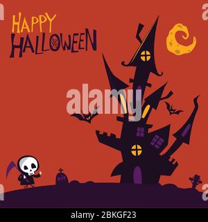 Unheimlich altes Spukhaus mit Geistern. Halloween Cartoon Hintergrundillustration mit Burg und niedlichen Tod Skelett Charakter Stock Vektor