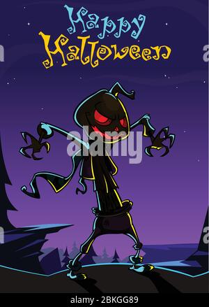 Vogelscheuche mit Kürbiskopf Silhouette. Cartoon Kürbis Kopf mit Händen Stock Vektor