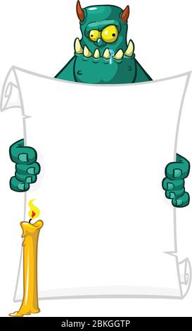Cartoon Zombie hält Holzschild. Halloween Design Element für Banner, Postkarte, Poster. Abbildung. Stock Vektor