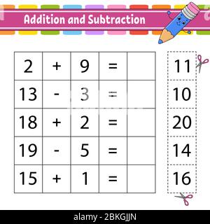 Addition und Subtraktion. Aufgabe für Kinder. Ausschneiden und Einfügen. Arbeitsblatt zur Entwicklung von Schulungen. Aktivitätsseite. Spiel für Kinder. Lustige Figur. Isolierte ve Stock Vektor