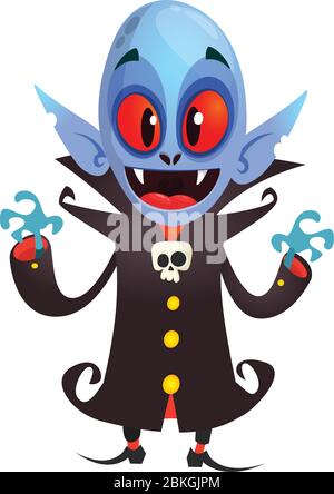 Frohe Halloween. Graf Dracula trägt einen schwarzen und roten Umhang. Nette Cartoon Vampir Charakter mit großen offenen Mund, Zunge, Reißzähne. Flaches Design. Vektor Abb. Stock Vektor