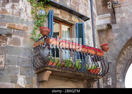 Malerischer, mit Blumen geschmückter Balkon in der mittelalterlichen Stadt Lucca in Italien. Stockfoto