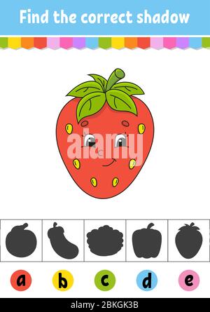 Finde den richtigen Schatten. Erdbeere. Arbeitsblatt zur Entwicklung von Schulungen. Aktivitätsseite. Farbe Spiel für Kinder. Isolierte Vektordarstellung. Carto Stock Vektor