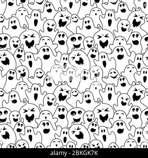 Ghost flache schwarze Linie nahtloses Muster. Einfache Halloween niedlichen und gruseligen gespenstischen Monster. Skizzieren Sie fröhliche gruselige lustige Comic-Charakter. Lineare monochrome Geister. Darstellung des Konturvektors Stock Vektor