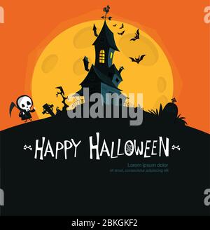 Happy halloween Grußkarte mit Spukhaus, Sensenmann und gruseligen Fledermäusen. Poster für Weihnachtsfeiern. Stock Vektor