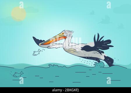 Illustration von fliegenden Vogel, lockig dalmatinischen Pelikan mit Fisch auf Hintergrund der Küste, Wasser, Meer, Sumpf, Himmel. Сover der Website, soziale Netzwerke, Web Stock Vektor