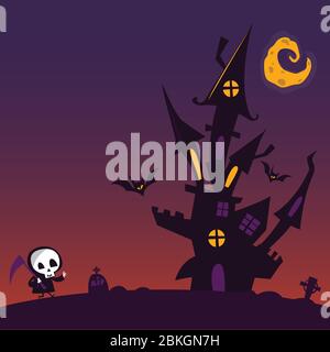 Unheimlich altes Spukhaus mit Geistern. Halloween Cartoon Hintergrundillustration mit Burg und niedlichen Tod Skelett Charakter Stock Vektor