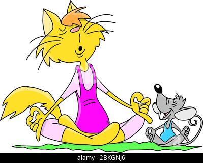 Cartoon Katze und Maus sitzen in einer Lotusposition tun Yoga zusammen Vektor-Illustration Stock Vektor