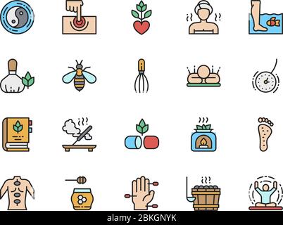 Set von Alternativen Medizin flache Farbe Symbole. Badehaus, Meditation und mehr. Stock Vektor