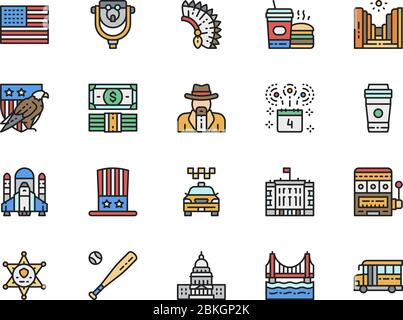 Satz von Farblinien-Symbolen für amerikanische Kultur. Bald Eagle, Cowboys, Casino und mehr. Stock Vektor