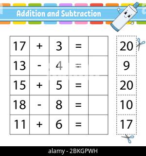 Addition und Subtraktion. Aufgabe für Kinder. Ausschneiden und Einfügen. Arbeitsblatt zur Entwicklung von Schulungen. Aktivitätsseite. Spiel für Kinder. Lustige Figur. Isolierte ve Stock Vektor