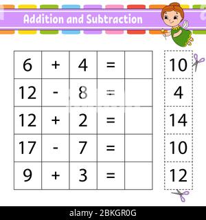 Addition und Subtraktion. Aufgabe für Kinder. Ausschneiden und Einfügen. Arbeitsblatt zur Entwicklung von Schulungen. Aktivitätsseite. Spiel für Kinder. Lustige Figur. Isolierte ve Stock Vektor