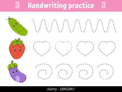 Handschriftliche Schreibweise. Arbeitsblatt zur Entwicklung von Schulungen. Aktivitätsseite. Obst und Gemüse. Farbe Spiel für Kinder. Isolierte Vektordarstellung. Warenkorb Stock Vektor