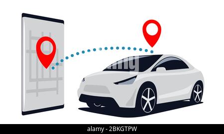 Verbindung Auto und Smartphone. Suchen Sie auf dem Parkplatz über die mobile Anwendung im Telefon nach SUV. Vektorgrafik. Stock Vektor