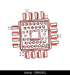 Computer cpu Icon im Comic Stil. Leiterplatte Cartoon Vektor Illustration auf weißem isolierten Hintergrund. Motherboard Chip Splash Effect Business Konz Stock Vektor
