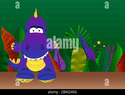 Niedlicher Tyrannosaurus Rex mit Pflanzen auf dem Hintergrund, abstrakte Blätter. Vektorgrafik. Stock Vektor