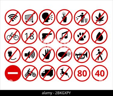 Beliebte Prohibition Zeichen Paket Set Sammlungen mit modernen flachen Vektor-Illustration Stock Vektor