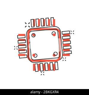 Computer cpu Icon im Comic Stil. Leiterplatte Cartoon Vektor Illustration auf weißem isolierten Hintergrund. Motherboard Chip Splash Effect Business Konz Stock Vektor