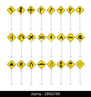 Verkehrszeichen Sammlung Vektor-Set Symbole isoliert auf weißem Hintergrund von Kreuzung Feuer alle stehend gelb Stock Vektor