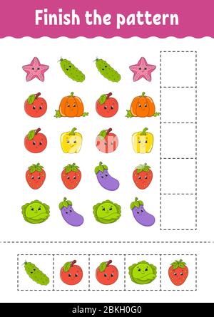 Beende das Muster. Schneiden und spielen. Obst und Gemüse. Arbeitsblatt zur Entwicklung von Schulungen. Aktivitätsseite.Zeichentrickzeichen. Stock Vektor