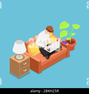 Flacher 3d isometrischer Mann mit Laptop, der auf dem Sofa in seinem Haus arbeitet. Arbeiten zu Hause und freiberufliche Konzept Stock Vektor