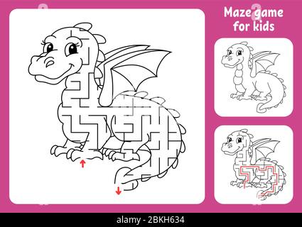 Abstraktes Labyrinth. Märchendrache. Spiel für Kinder. Puzzle für Kinder. Labyrinth-Rätsel. Finden Sie den richtigen Weg. Arbeitsblatt für Schulungen. Mit Antwort. Stock Vektor