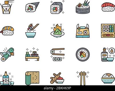 Set mit japanischen Food Color Line Icons. Ginger, Temaki, Wasabi, Sake und mehr. Stock Vektor