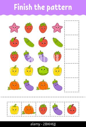 Beende das Muster. Schneiden und spielen. Obst und Gemüse. Arbeitsblatt zur Entwicklung von Schulungen. Aktivitätsseite.Zeichentrickzeichen. Stock Vektor