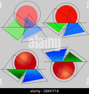 Abstraktes Logo geometrischer Formen mit farbigen Objekten unterschiedlicher Transparenz Stock Vektor