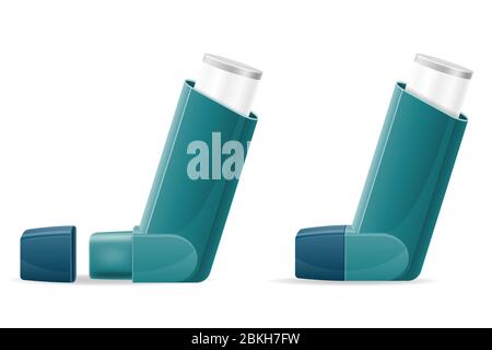 Medizinischer Inhalator für Patienten mit Asthma und Kurzatmigkeit in der Behandlung und Prävention der Krankheit Vektor-Illustration isoliert auf weiß Stockfoto