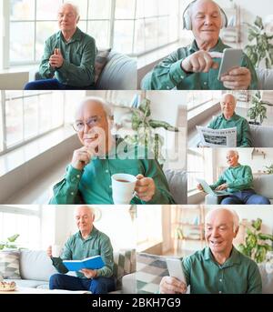 Collage aus Fotos mit älteren Mann zu Hause ausruhend Stockfoto