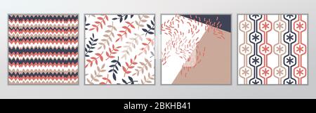 Vektor Minimal Graphic Elements Linie Art & Blatt Muster Set, Blau, Rosa & Grau Stock Vektor