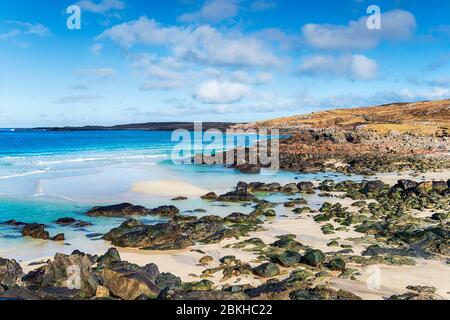 Der wunderschöne Strand von Mealista an der Westküste der Isle of Lewis auf den Western Isles of Scotland Stockfoto