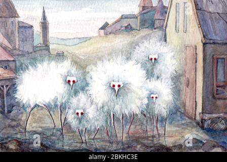 Skizze der Fantasy-Stadt mit blutigen Schafen, Aquarell-Kunst Stockfoto