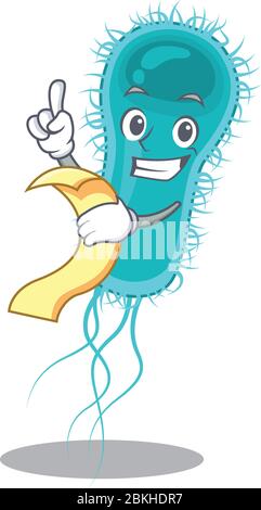 Escherichia coli Bakterien Maskottchen Charakter Design mit einem Menü auf der Hand Stock Vektor