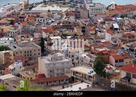 Luftaufnahme von Zakynthos Zante Stadt, Griechenland. Sommermorgen auf dem Ionischen Meer. Schönes Stadtbild Panorama von Griechenland Stadt. Reisekonzept Stockfoto