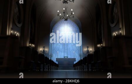 Ein dunkles Kircheninnere, das durch Sonnenstrahlen durch ein Kruzifix-Buntglasfenster beleuchtet wird, das den Altar beleuchtet - 3D-Rendering Stockfoto