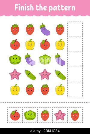 Beende das Muster. Schneiden und spielen. Obst und Gemüse. Arbeitsblatt zur Entwicklung von Schulungen. Aktivitätsseite.Zeichentrickzeichen. Stock Vektor
