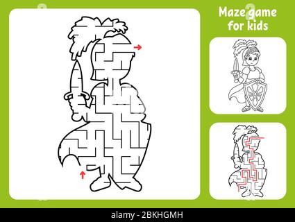 Abstraktes Labyrinth. Tapferer Ritter. Spiel für Kinder. Puzzle für Kinder. Labyrinth-Rätsel. Finden Sie den richtigen Weg. Arbeitsblatt für Schulungen. Mit Antwort. Stock Vektor
