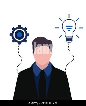 Geschäftsmann Porträt mit Zahnrädern und Glühbirne, denken Fortschritt Konzept und Ideen.Vektor-Illustration. Stock Vektor