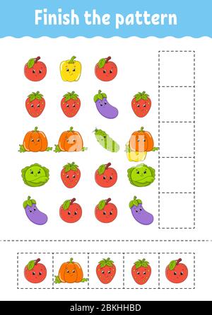 Beende das Muster. Schneiden und spielen. Obst und Gemüse. Arbeitsblatt zur Entwicklung von Schulungen. Aktivitätsseite.Zeichentrickzeichen. Stock Vektor