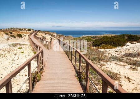 Fischerroute im Alentejo, Promenade mit Klippen in Portugal. Holzweg entlang der Küste. Stockfoto