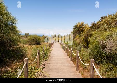 Fischerroute im Alentejo, Promenade mit Klippen in Portugal. Holzweg entlang der Küste. Stockfoto