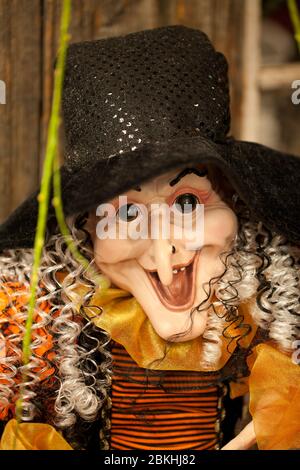 Freundliche lächelnde Halloween Hexe. Halloween Hexe vor einem verschwommenen Hintergrund. Bunte glückliche Hexe. Stockfoto