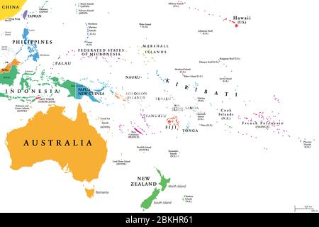 Ozeanien, einzelne Staaten, politische Landkarte. Geographische Region, südöstlich der asiatisch-pazifischen Region einschließlich Australasien, Melanesien, Mikronesien Polynesien. Stockfoto